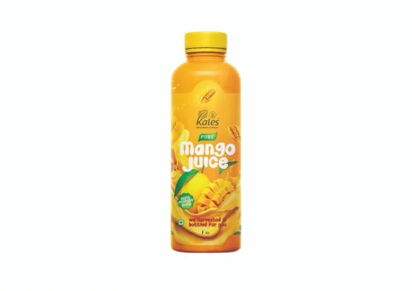 Mango juice bottle with a vibrant design. Buy natural fresh mango juice online Kales Agro