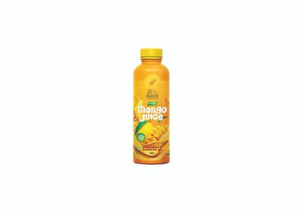 Mango juice bottle with a vibrant design. Buy natural fresh juice online Kales Agro.