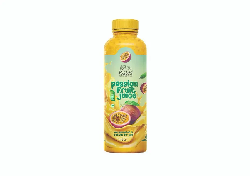 Passion fruit juice bottle with a vibrant design. Buy natural passion fruit juice online Kales Agro