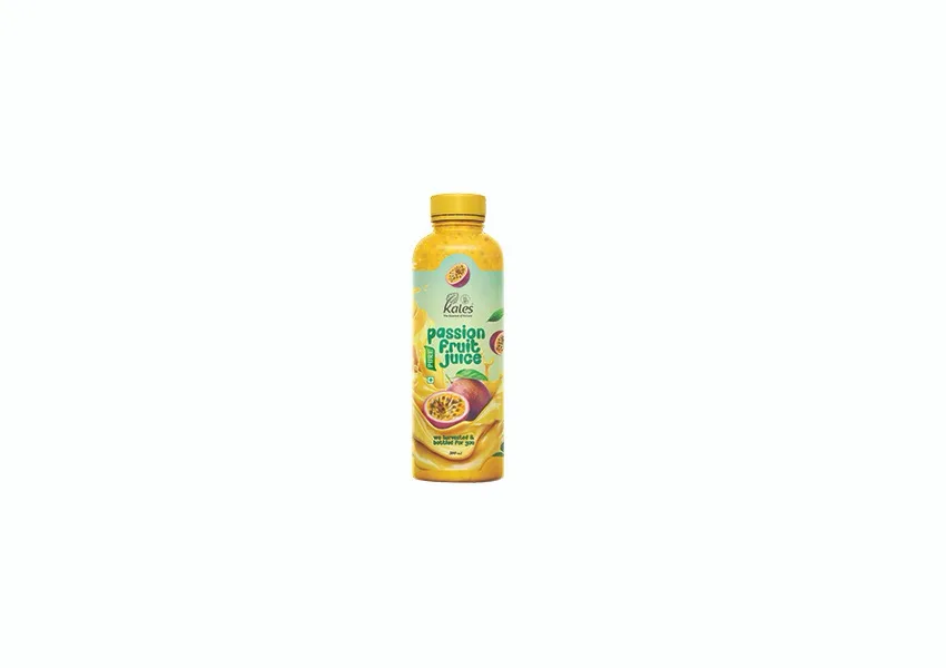 Passion fruit juice bottle with a vibrant design. Buy natural fresh juice online Kales Agro