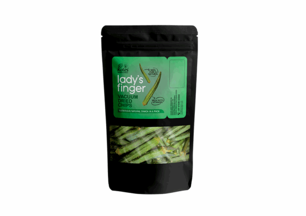 Kales Agro vacuum-dried ladys finger chips bag, ideal for those who want to buy organic ladys finger online in kales agro as a natural, vitamin-rich snack.